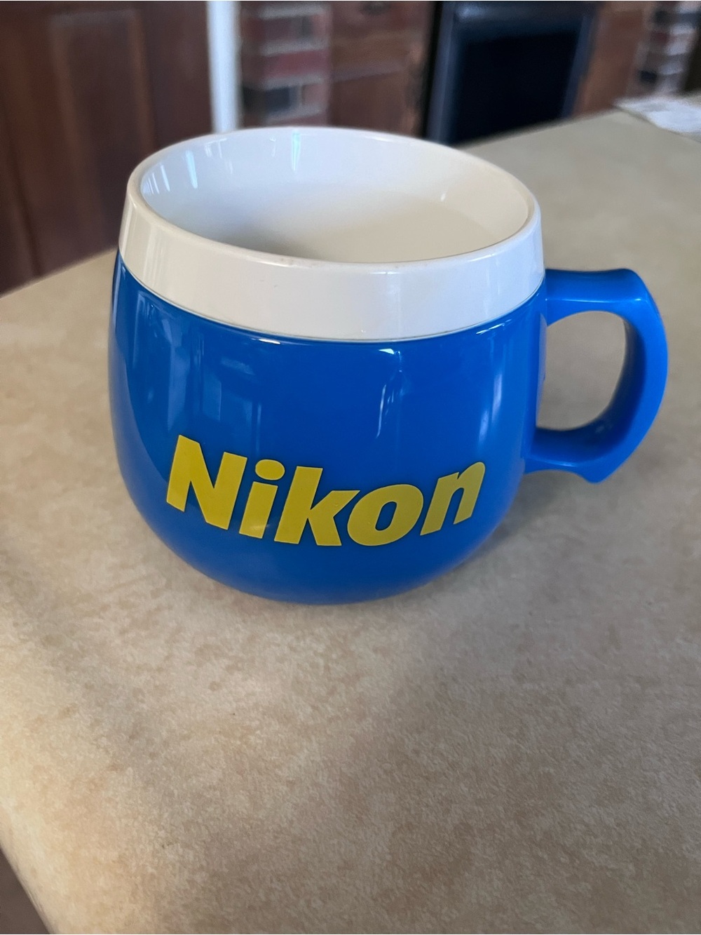 VTG NWOT 1983 Nikon Blue Thermal Promo Mug with Yellow Logo and White Interior